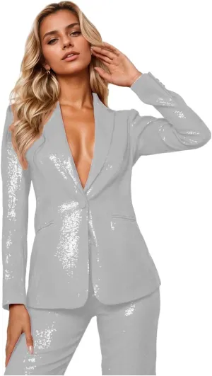 Sequin Womens Suit 2 Piece Set Dressy Sexy V Neck Wedding Tuxedos Glitter Sparkly Blazer Pants Prom Party Outfit