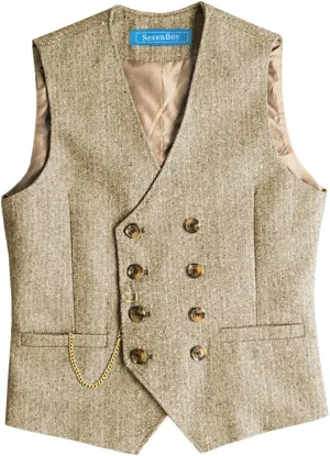 SevenBoy Men's Casual Suit Vest Regular Fit Wool Herringbone Waistcoat For Wedding and Party