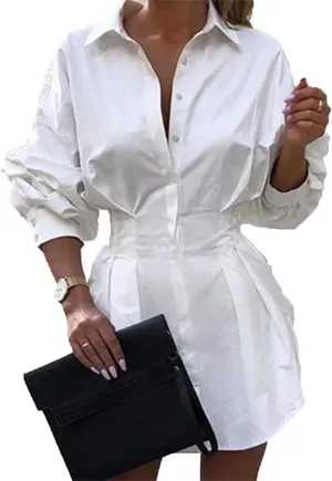 Sexy Mini Shirt Dress for Women - Casual Button Down Blouse Long Sleeve V Neck Belted Shirts Blouse Top Short Dress