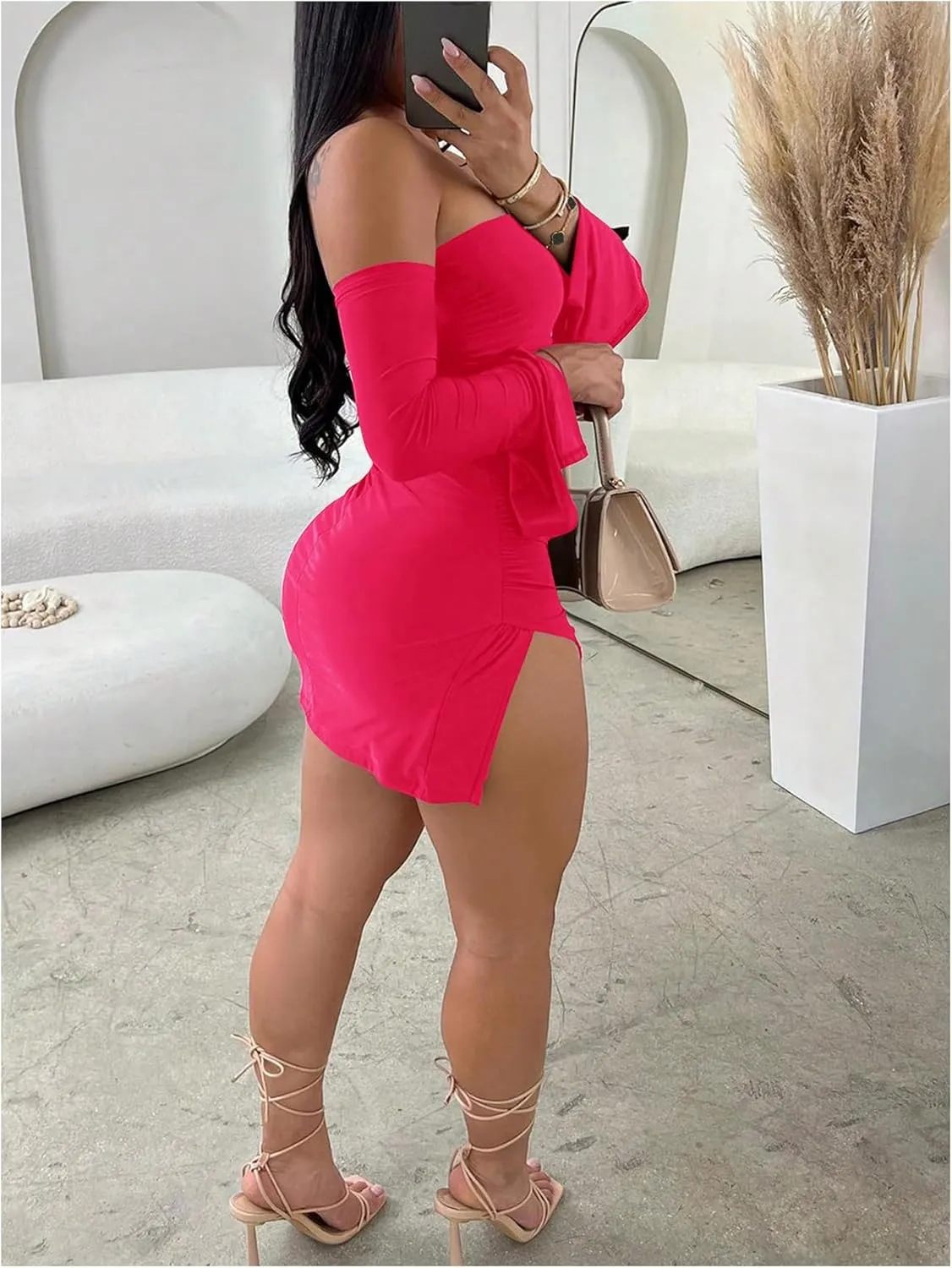 SHENHE Women's Off Shoulder Side Slit Long Sleeve Bodycon Sexy Mini Dress Club Night Dress