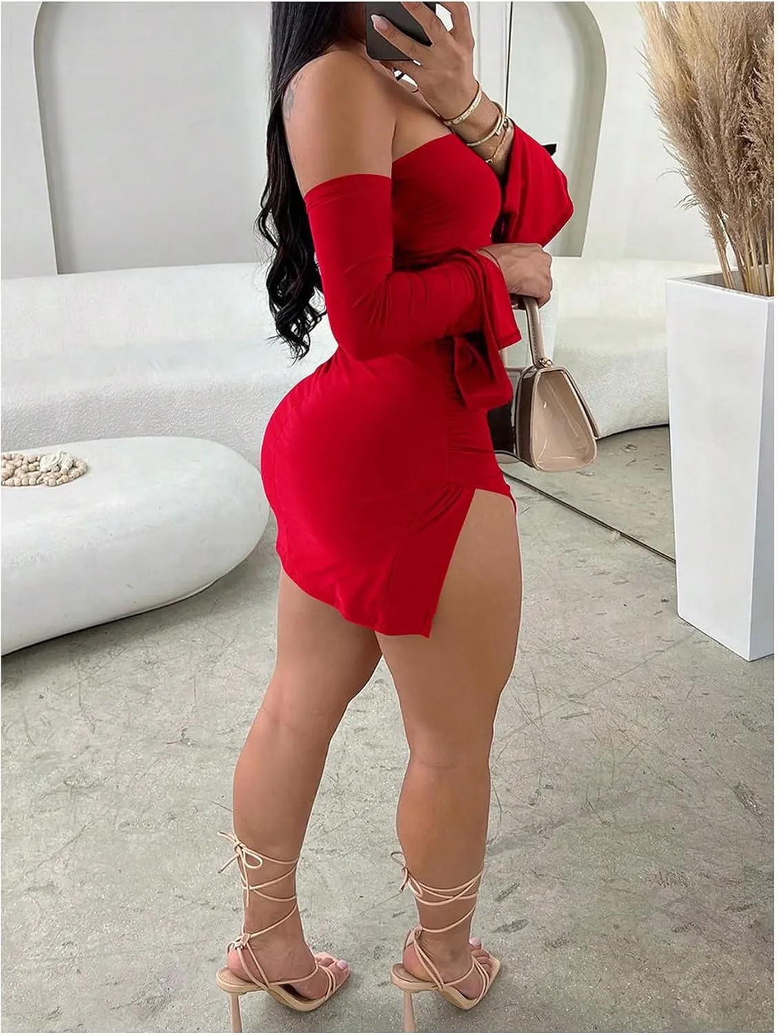 SHENHE Women's Off Shoulder Side Slit Long Sleeve Bodycon Sexy Mini Dress Club Night Dress