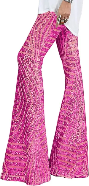 Shiny Metallic Flare Pants for Womens Sexy 70s Sequins Yoga Pants High Waist Bell Bottom Trousers Wide Leg Leggings