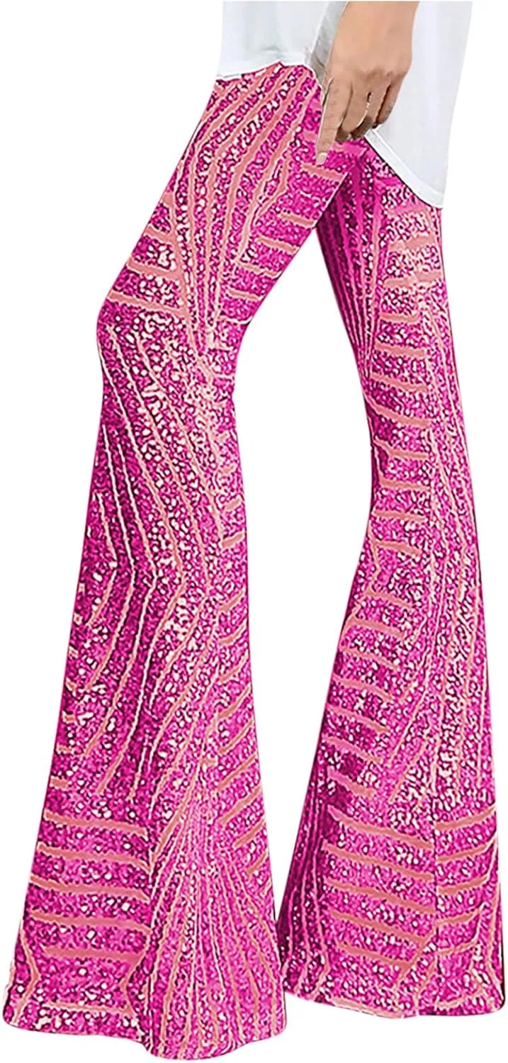 Shiny Metallic Flare Pants for Womens Sexy 70s Sequins Yoga Pants High Waist Bell Bottom Trousers Wide Leg Leggings