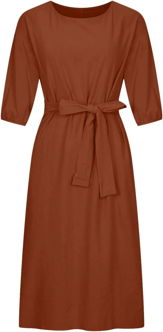 SHOPESSA Linen Dresses for Women 2024 Casual Solid Color Work Dress Long Sleeve Tie Waist Knee Length Dress Boho Dress