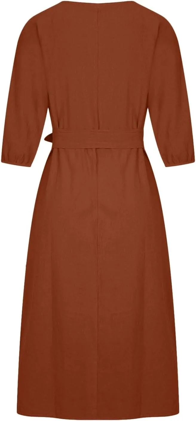 SHOPESSA Linen Dresses for Women 2024 Casual Solid Color Work Dress Long Sleeve Tie Waist Knee Length Dress Boho Dress