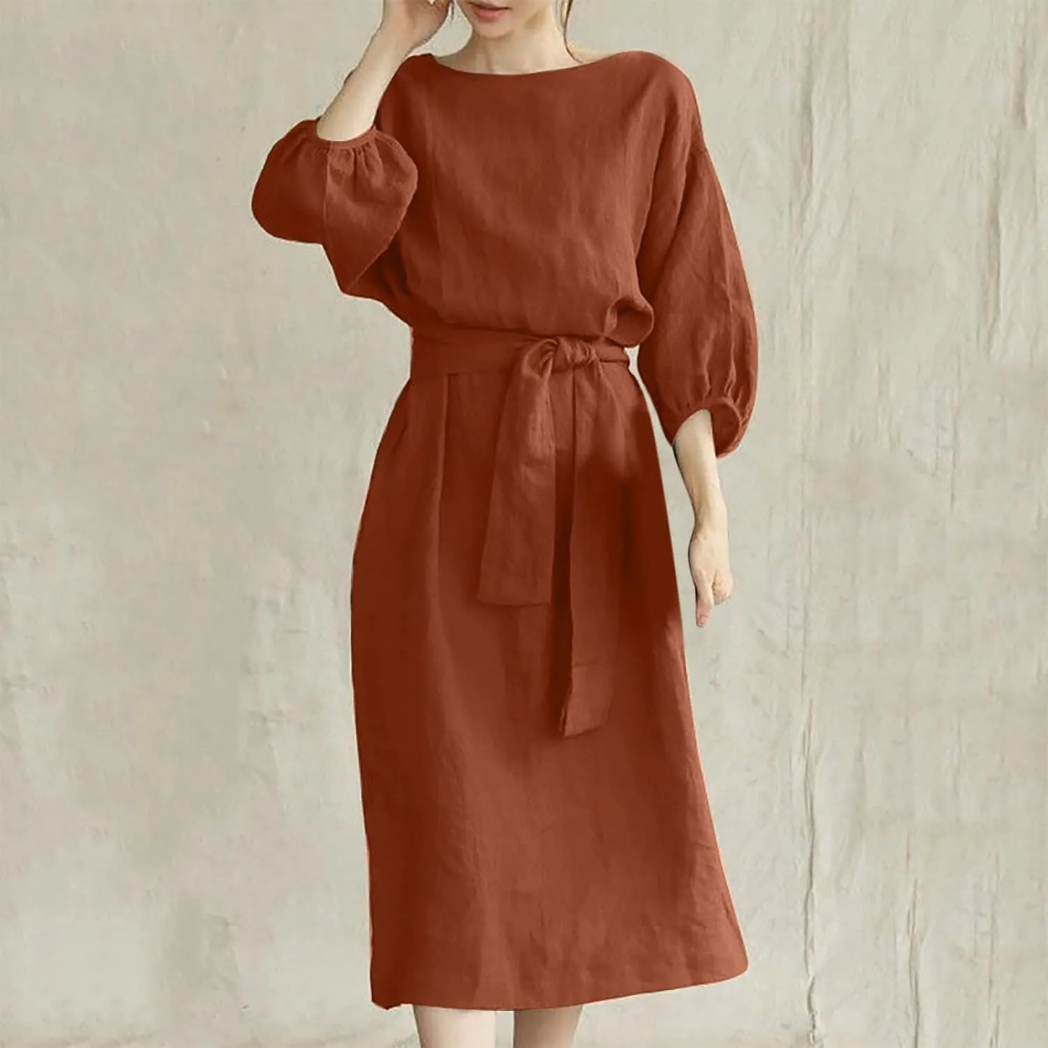 SHOPESSA Linen Dresses for Women 2024 Casual Solid Color Work Dress Long Sleeve Tie Waist Knee Length Dress Boho Dress