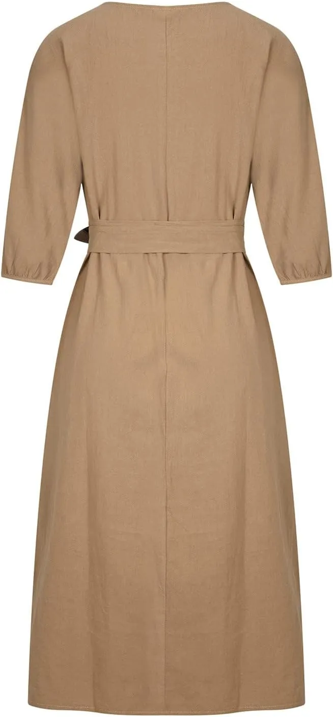 SHOPESSA Linen Dresses for Women 2024 Casual Solid Color Work Dress Long Sleeve Tie Waist Knee Length Dress Boho Dress