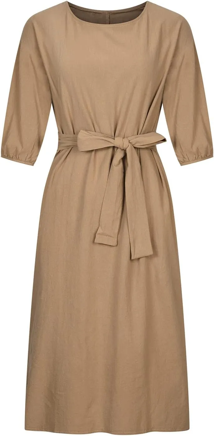 SHOPESSA Linen Dresses for Women 2024 Casual Solid Color Work Dress Long Sleeve Tie Waist Knee Length Dress Boho Dress