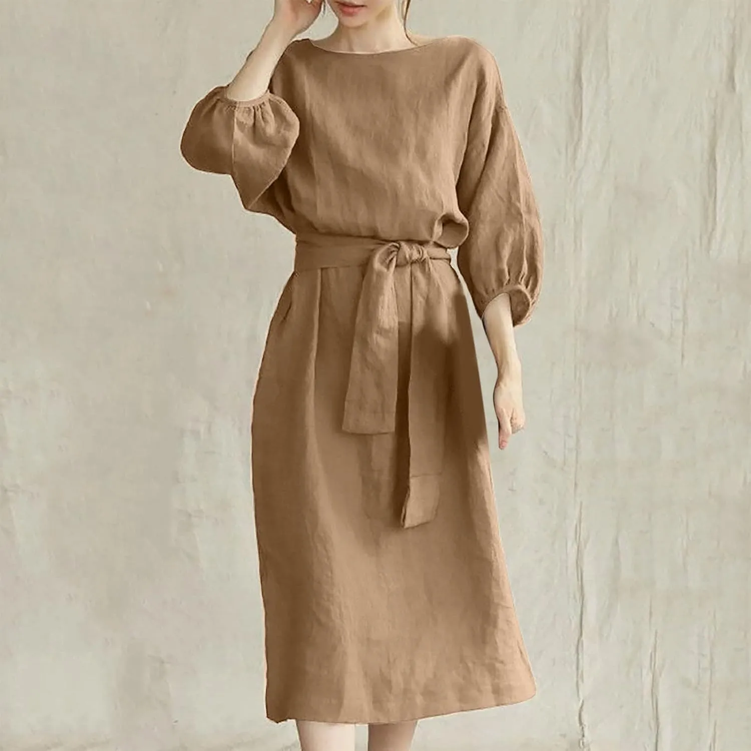 SHOPESSA Linen Dresses for Women 2024 Casual Solid Color Work Dress Long Sleeve Tie Waist Knee Length Dress Boho Dress