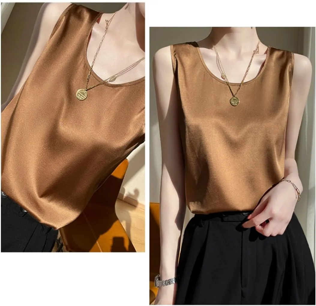 Silk Camisole Top Women's Crew Neck Sleeveless Blouse,Loose Fit Casual Beach Vacation Outfits, S-3XL