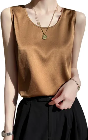 Silk Camisole Top Women's Crew Neck Sleeveless Blouse,Loose Fit Casual Beach Vacation Outfits, S-3XL