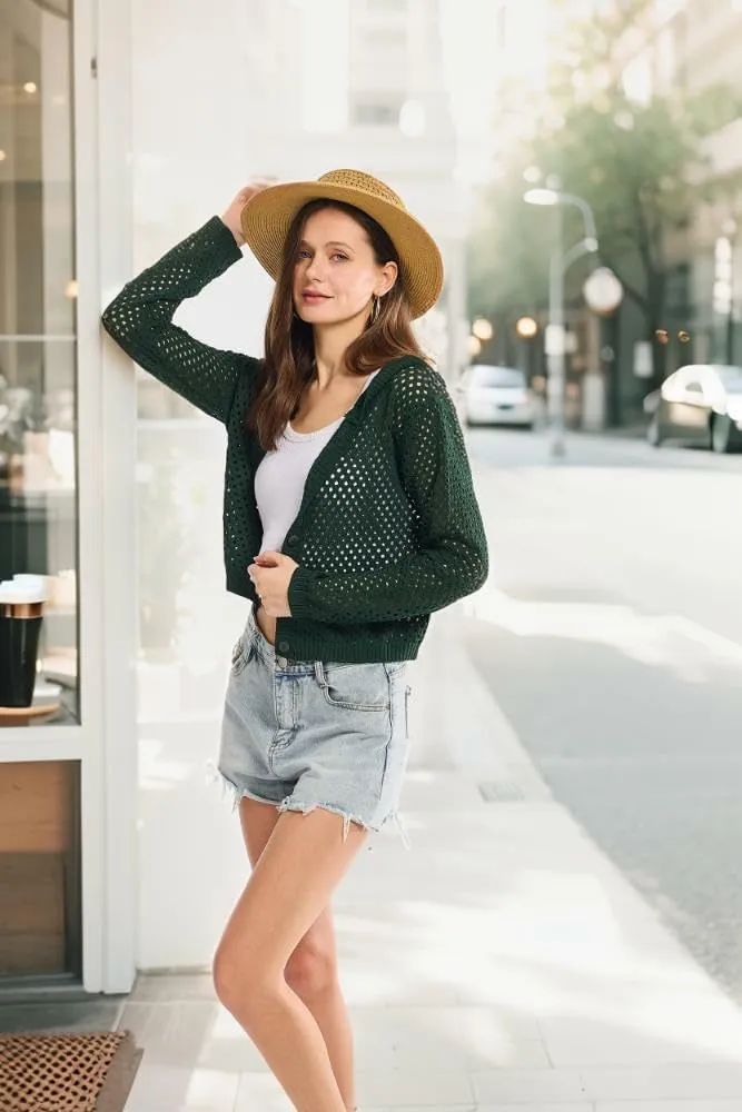 Simple&Opulence Women's Crochet Cardigan Cover Up Lightweight V Neck Summer Mesh Sweater Knit Tops Casual Jacket Hooded
