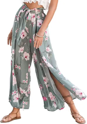 Simplee Women's Casual Split Wide Leg Pants High Waist Palazzo Flowy Beach Pants Summer Boho Lounge Pants with Pockets