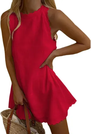 Sleeveless Cotton Linen Tank Dress for Women Scallop Neck Loose Casual Summer Mini Short Dresses