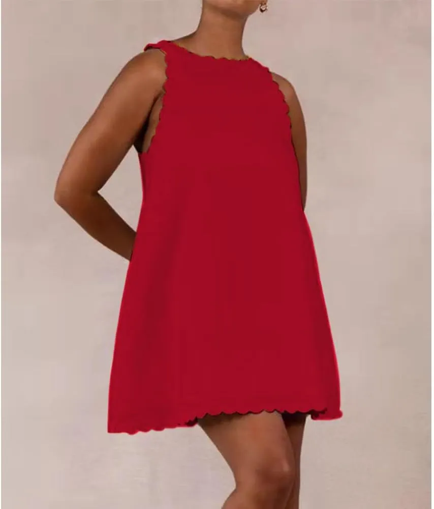 Sleeveless Cotton Linen Tank Dress for Women Scallop Neck Loose Casual Summer Mini Short Dresses