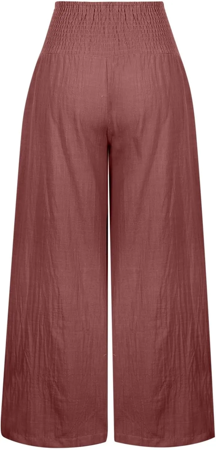 SMIDOW Women's Wide Leg Pants Elastic High Waisted Cotton Linen Long Lounge Pants Business Casual Work Trousers