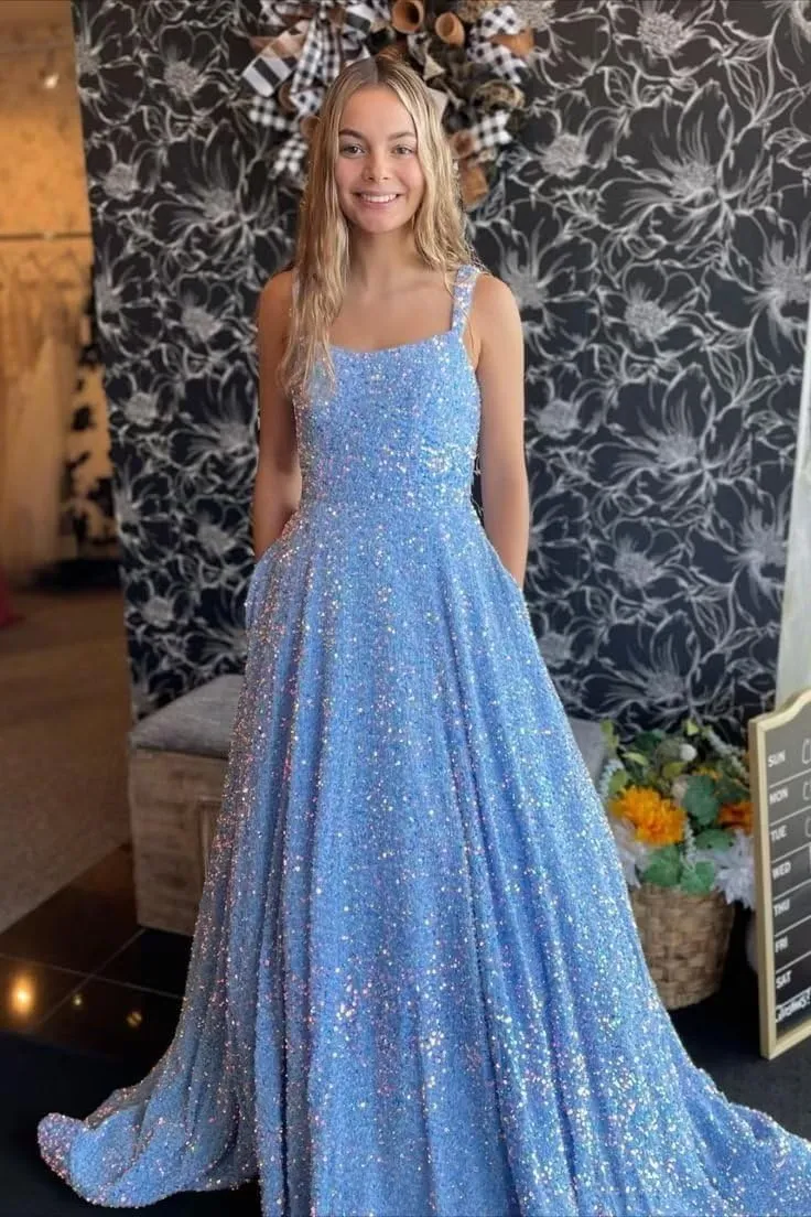 Sparkly Sequins A Line Prom Dresses Long Spaghetti Straps Party Dresses Backless Wide Hem Ball Gowns for Women