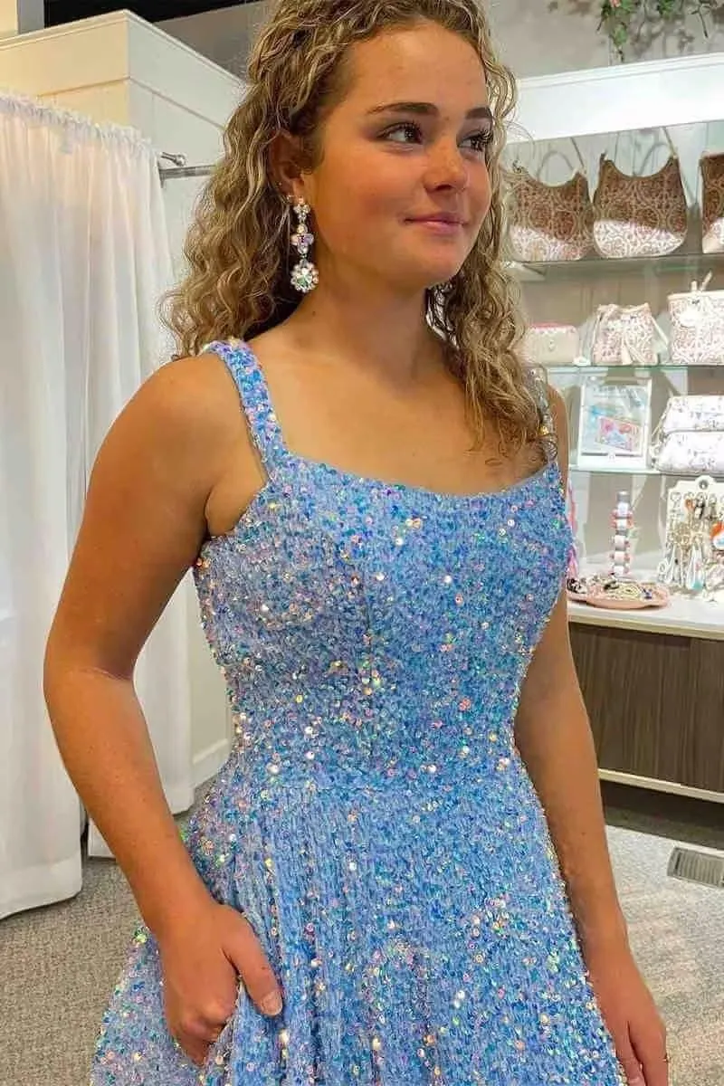 Sparkly Sequins A Line Prom Dresses Long Spaghetti Straps Party Dresses Backless Wide Hem Ball Gowns for Women