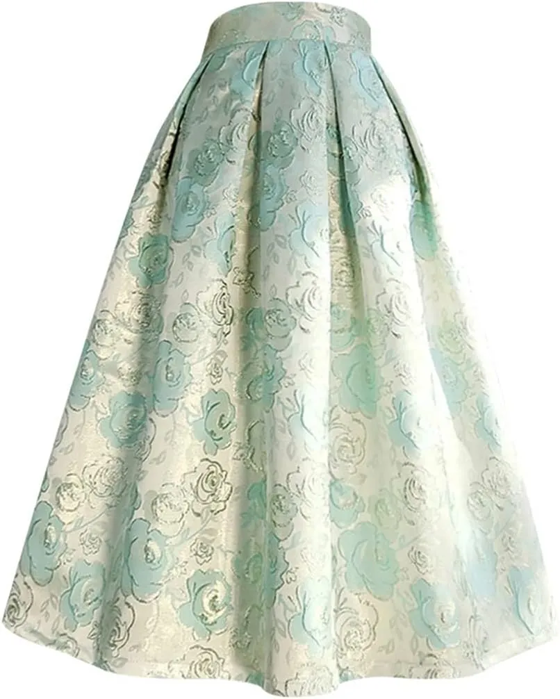 Spring Summer Clothes Women Pink Floral Print High Waist Pleated Midi Skirt