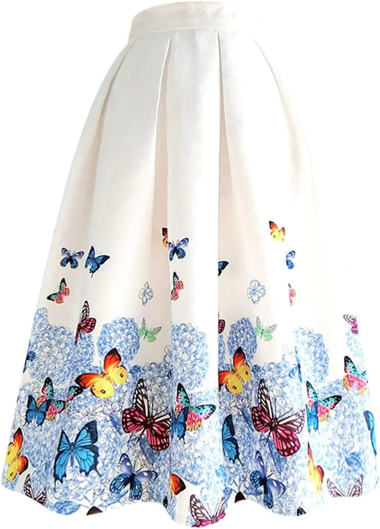 Spring Summer Vintage Embroidery High Waist Midi Pleated Skirt
