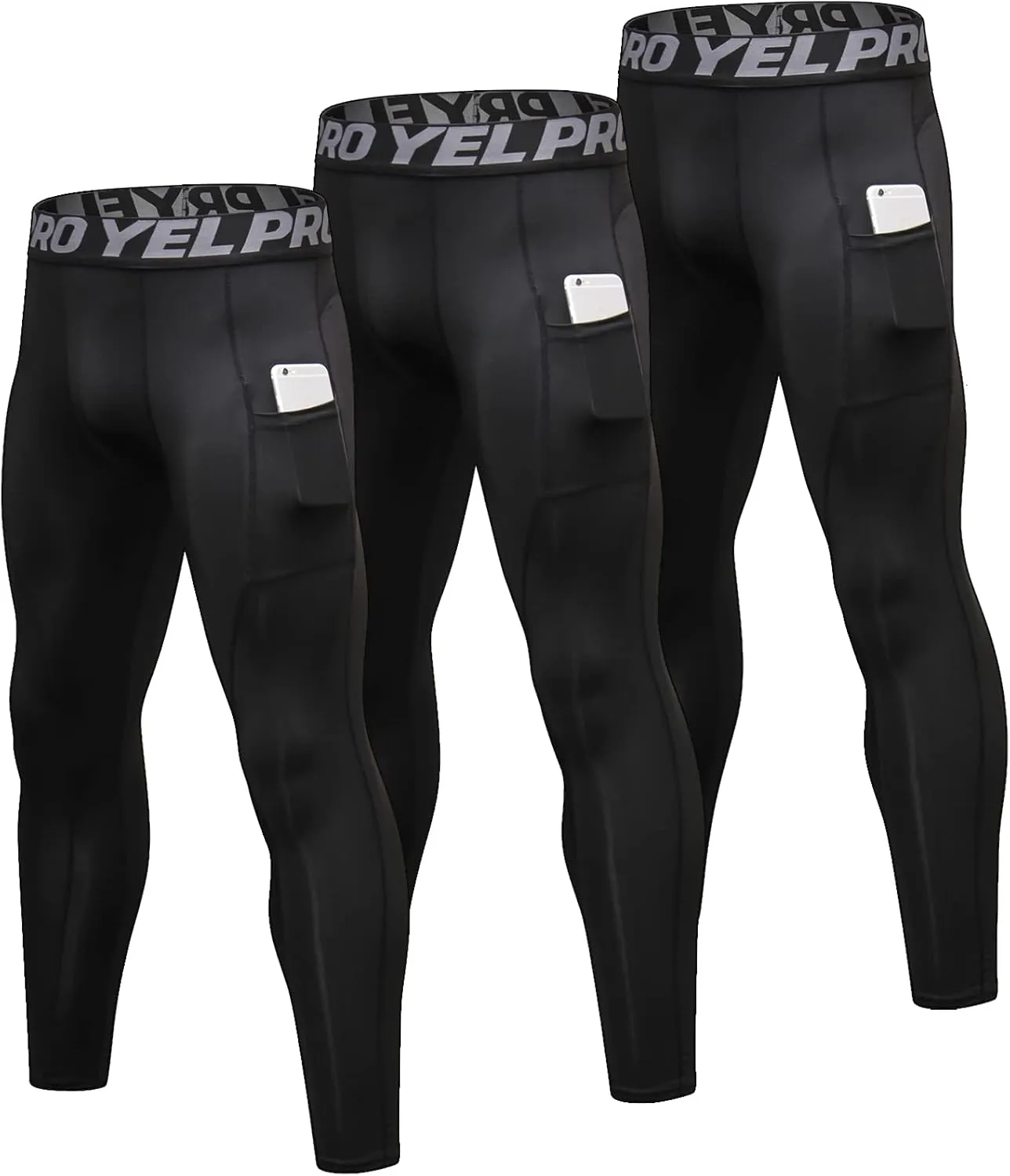 SPVISE 3 Pack Men's Compression Pants Leggings Running Tights with Pockets Cool Dry Workout Base Layer Athletic Gym Pants
