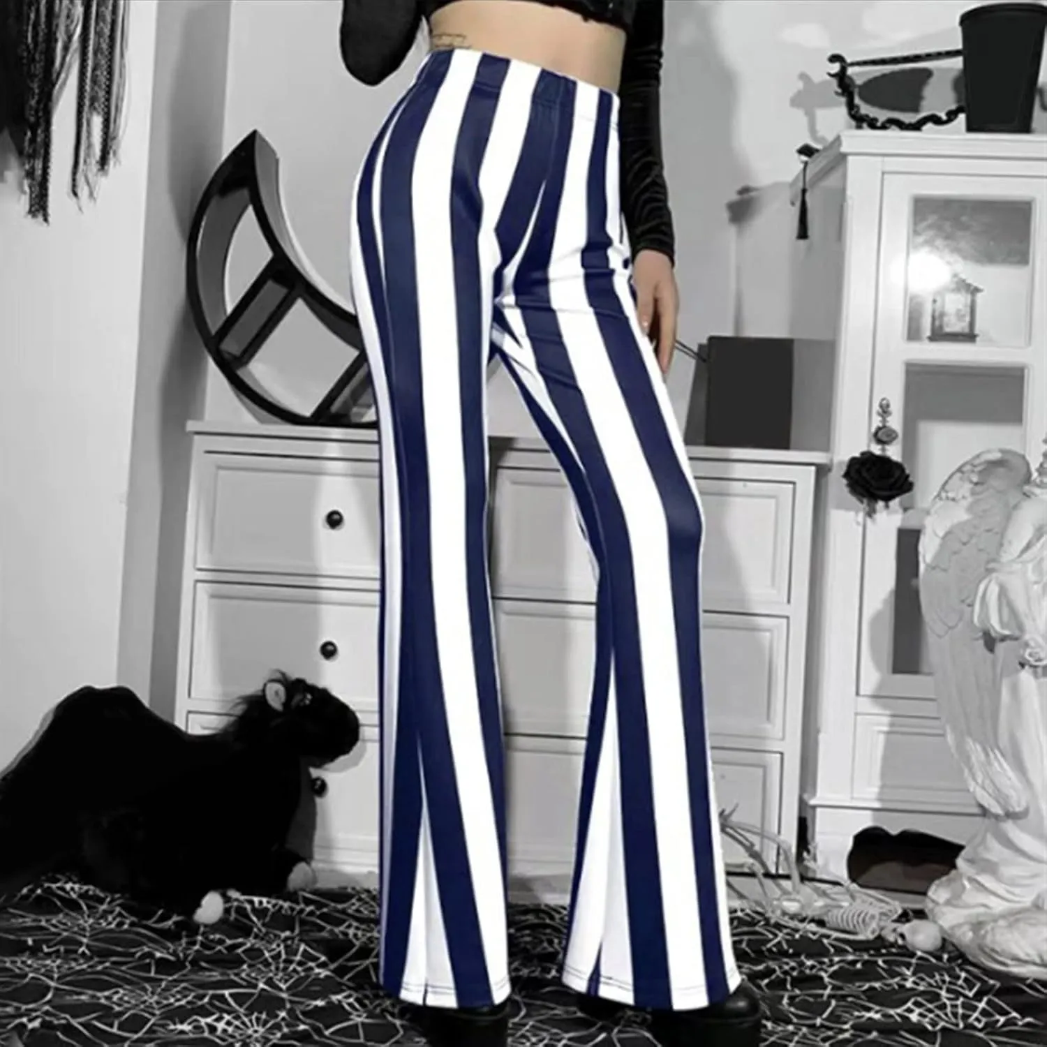 Stripe Long Pants Trousers Vertical Flare Bell Stretch Women High Waist Bottoms Plus Size Pants Crop Pants for