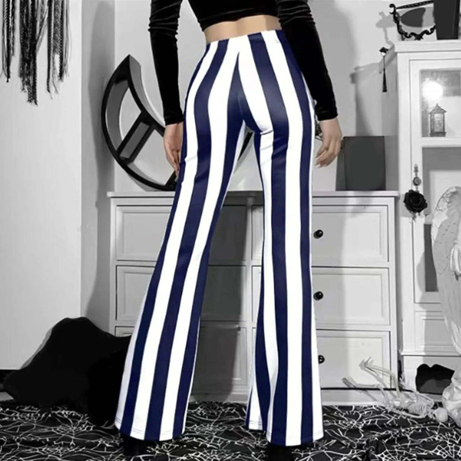 Stripe Long Pants Trousers Vertical Flare Bell Stretch Women High Waist Bottoms Plus Size Pants Crop Pants for