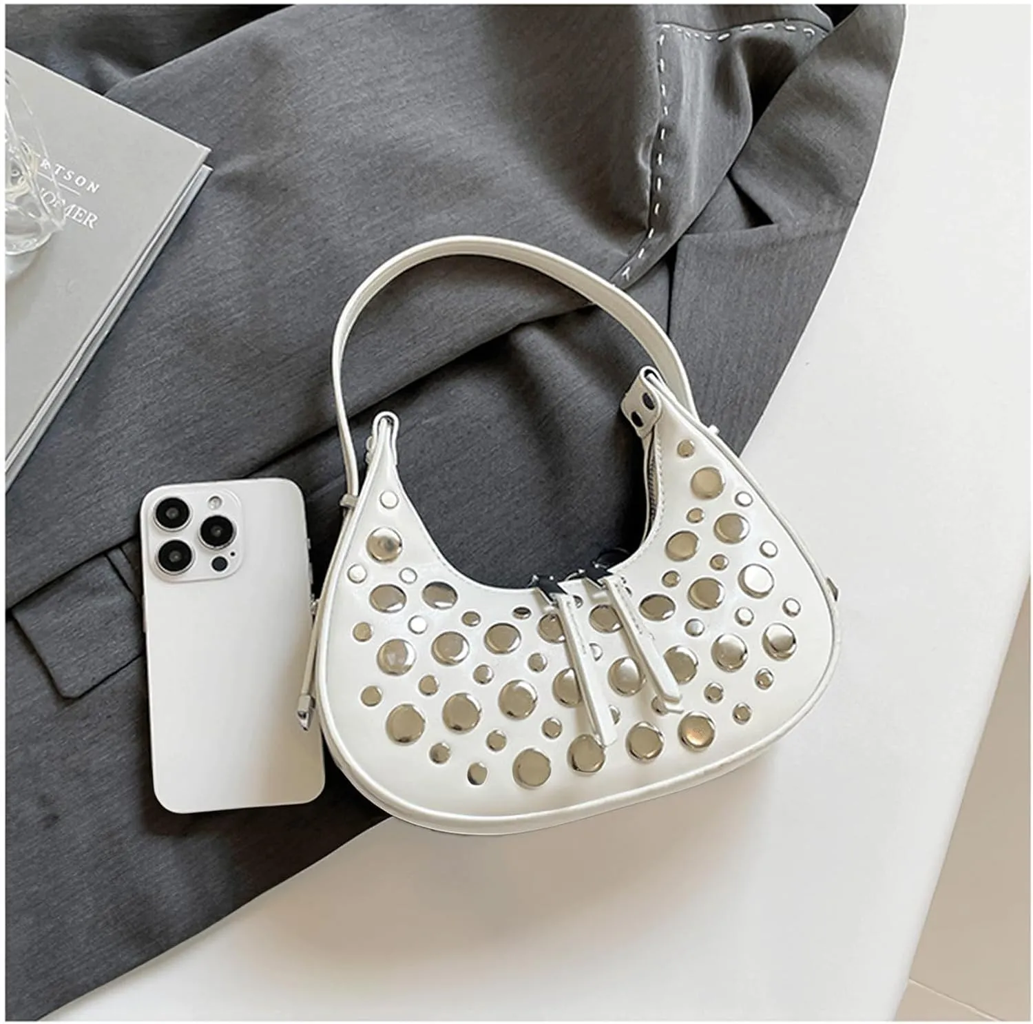 Studded Bag for Women Y2K Studded Purse Dot Studs Vegan Leather Shoulder Bag Double Zipper 90s Purse Trendy Hobo Bags