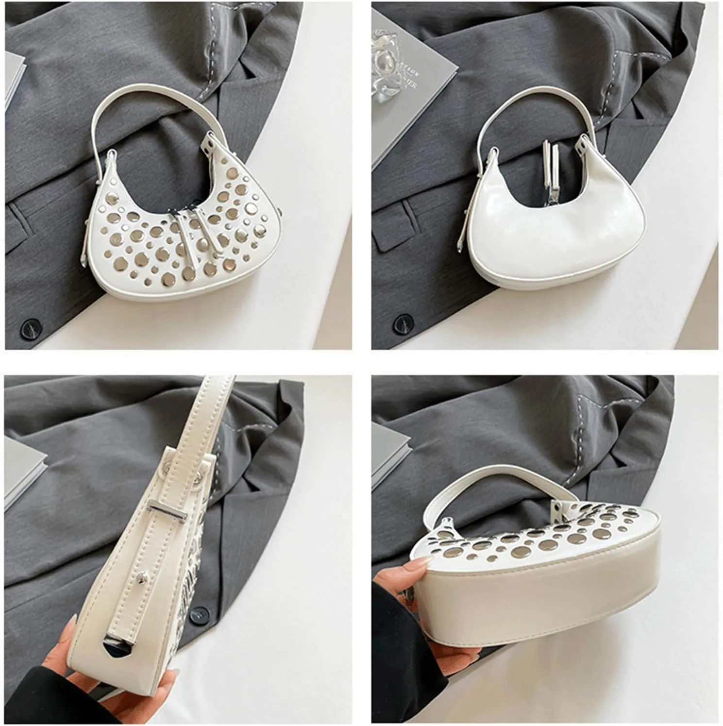 Studded Bag for Women Y2K Studded Purse Dot Studs Vegan Leather Shoulder Bag Double Zipper 90s Purse Trendy Hobo Bags