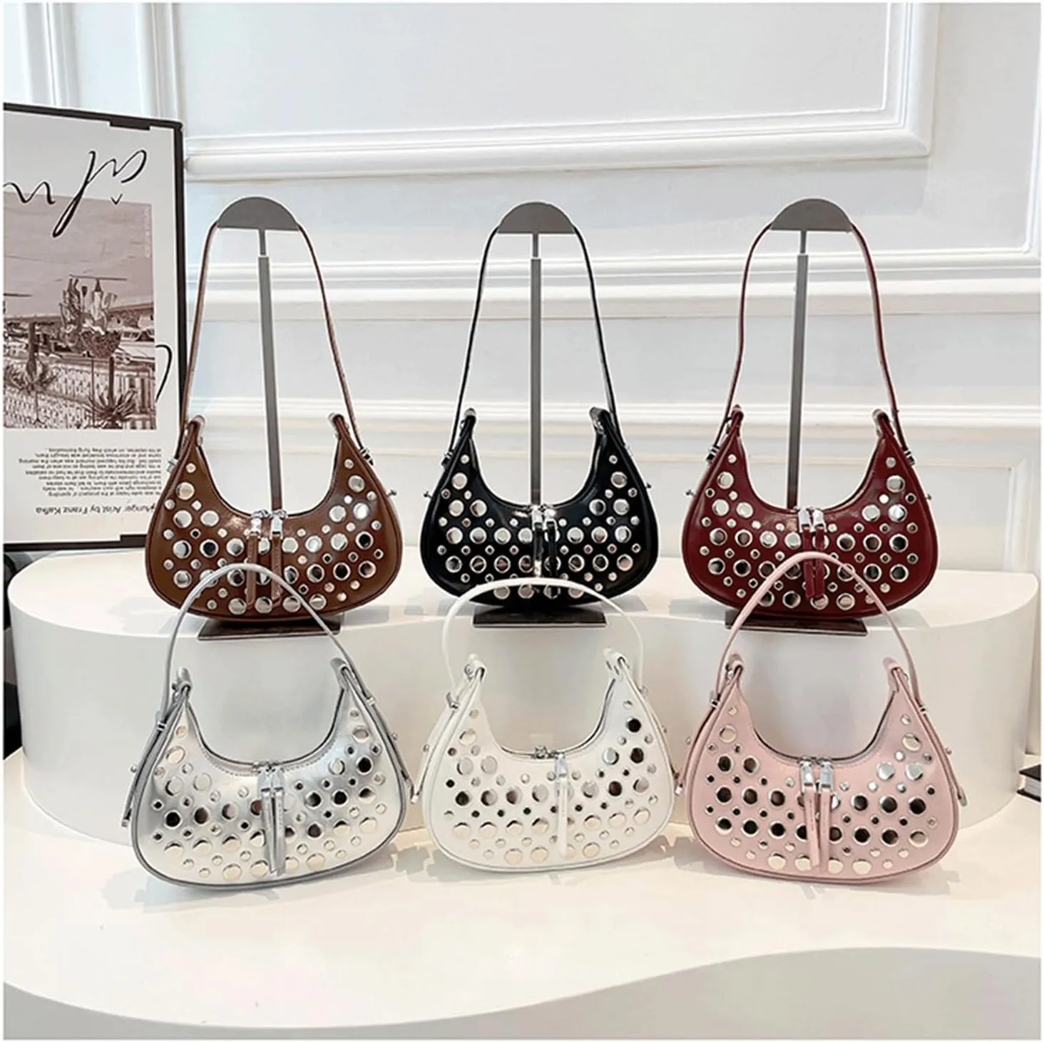 Studded Bag for Women Y2K Studded Purse Dot Studs Vegan Leather Shoulder Bag Double Zipper 90s Purse Trendy Hobo Bags
