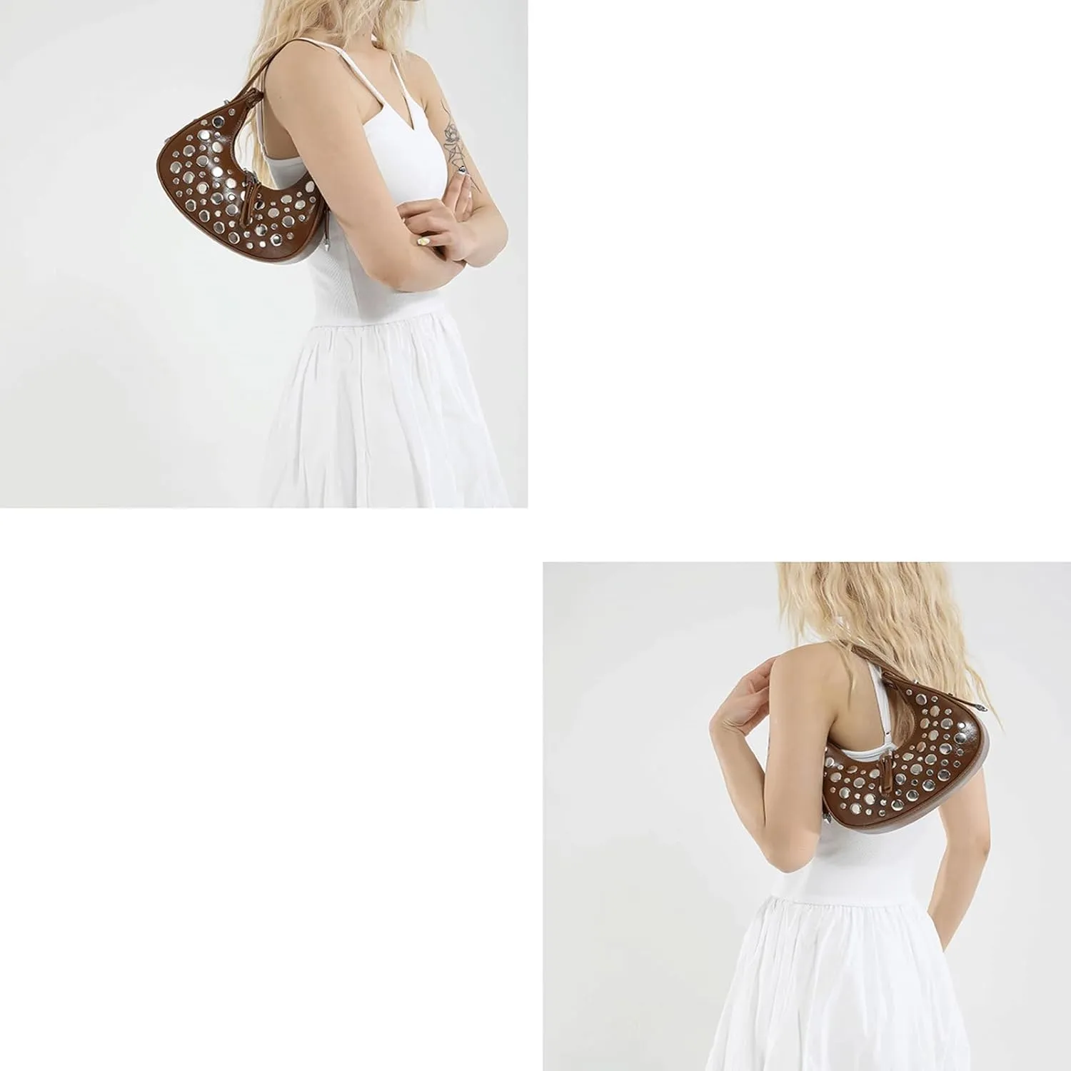 Studded Bag for Women Y2K Studded Purse Dot Studs Vegan Leather Shoulder Bag Double Zipper 90s Purse Trendy Hobo Bags