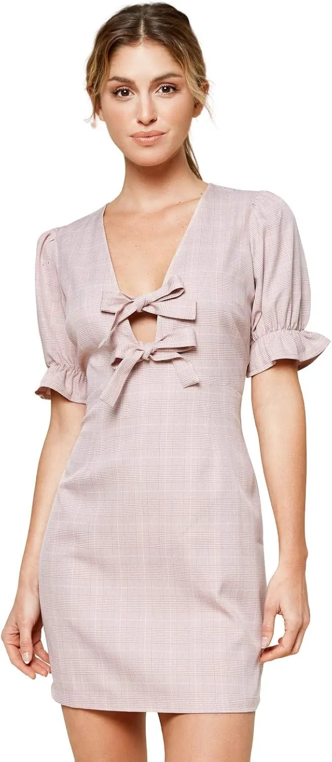 Sugar Lips Women's Aleena Pink Plaid Bow Tie Mini Dress
