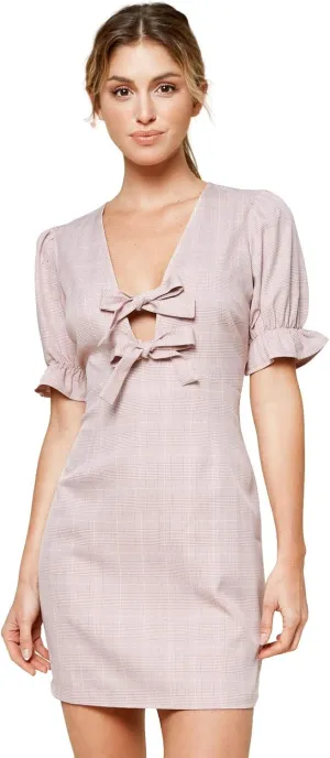 Sugar Lips Women's Aleena Pink Plaid Bow Tie Mini Dress