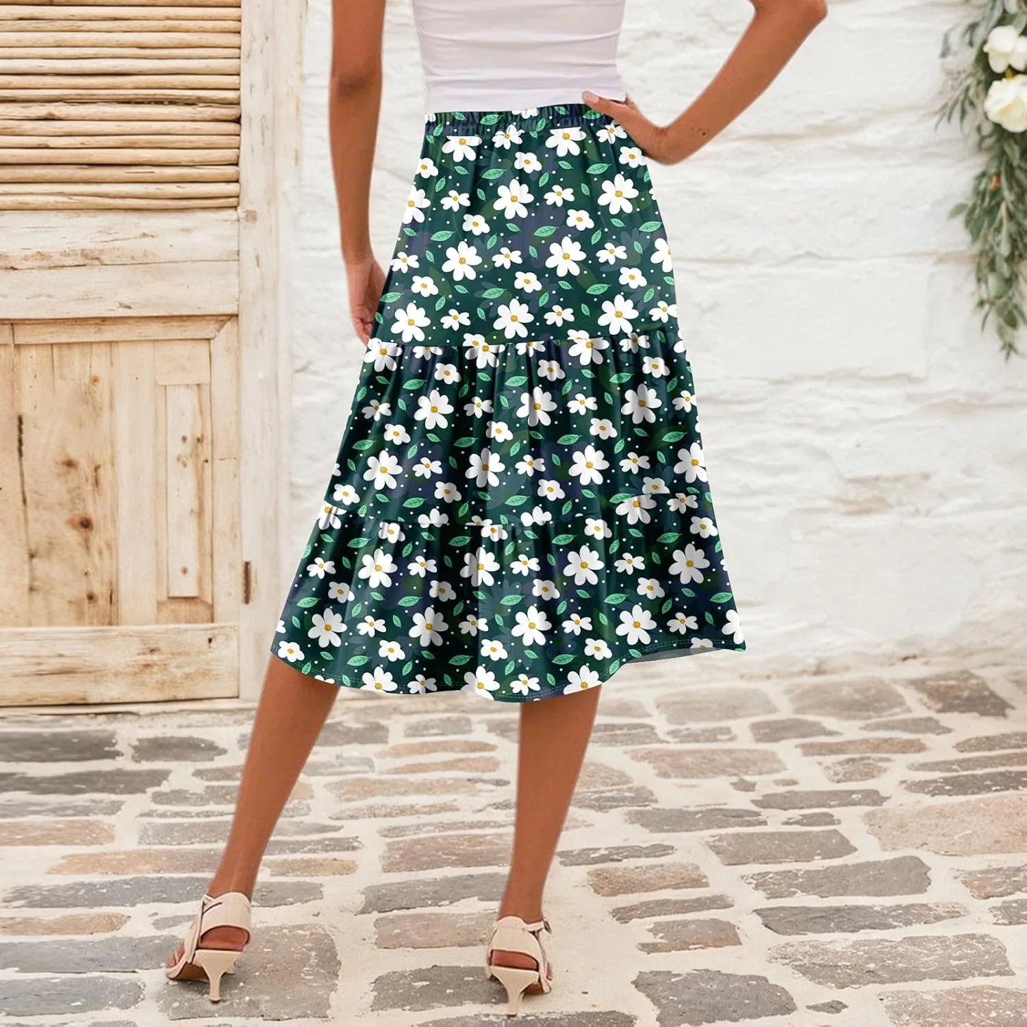 Summer Midi Skirts for Women Floral Beach Flowy Boho Skirt Tiered Pleated Swing A Line Elastic High Waisted Skirt