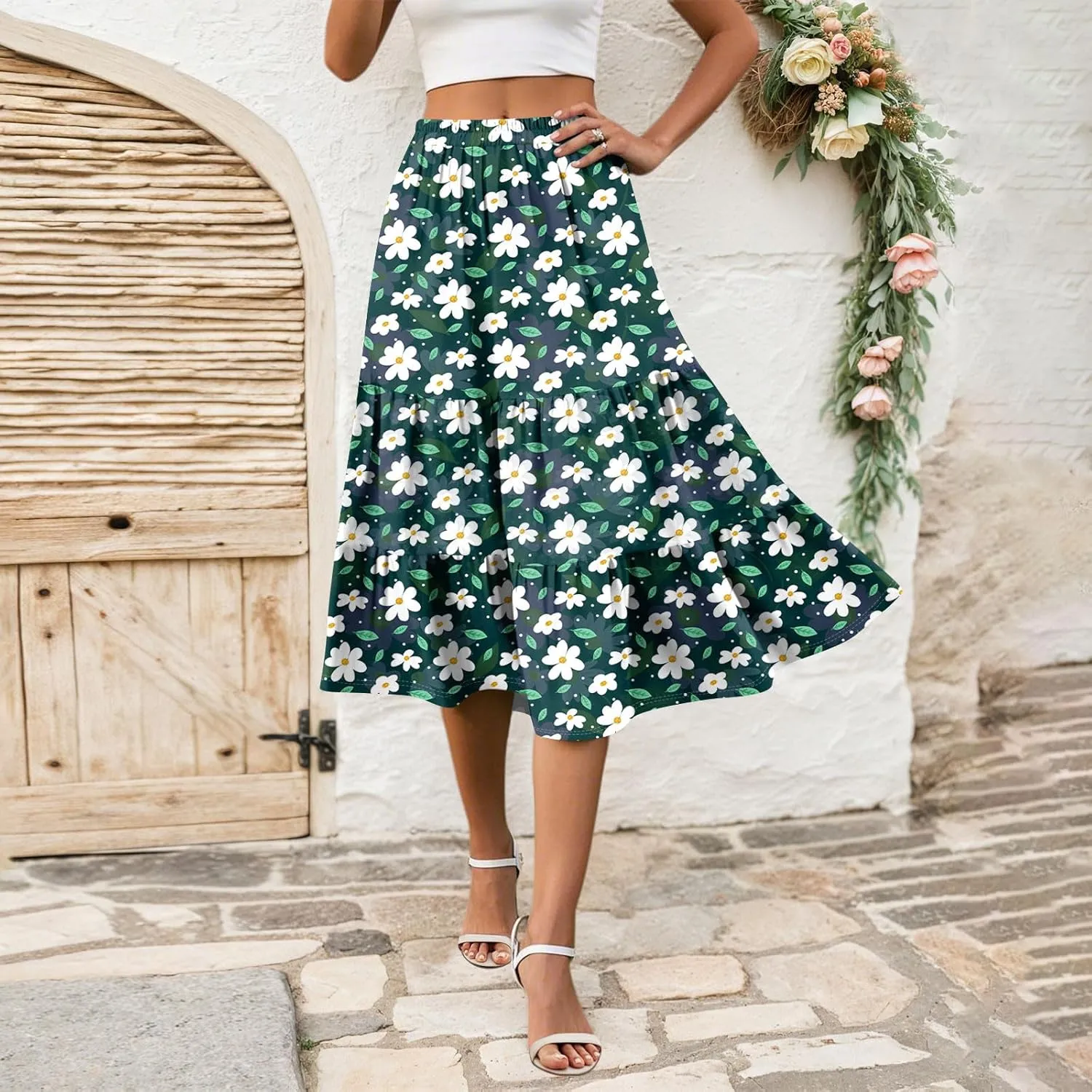 Summer Midi Skirts for Women Floral Beach Flowy Boho Skirt Tiered Pleated Swing A Line Elastic High Waisted Skirt