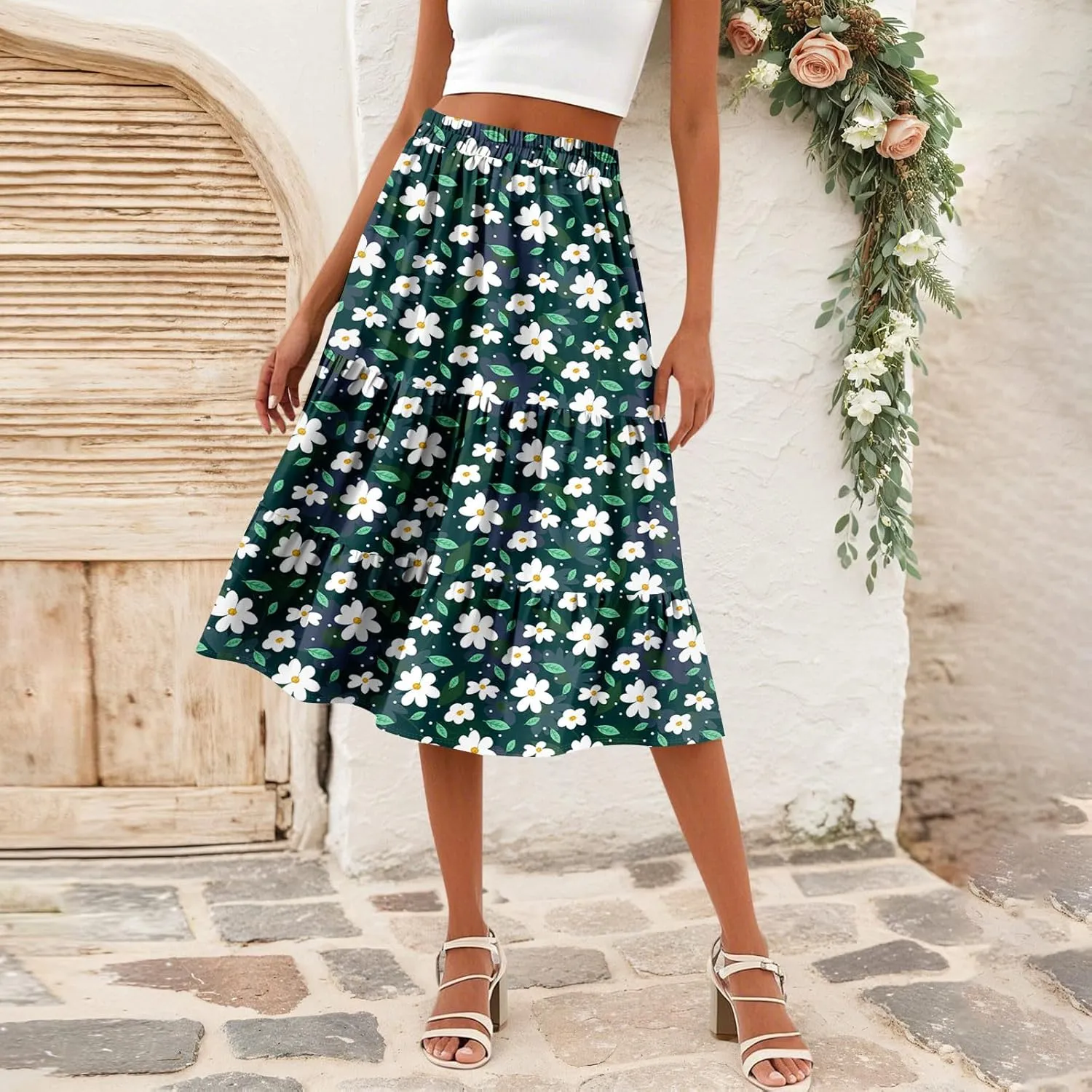 Summer Midi Skirts for Women Floral Beach Flowy Boho Skirt Tiered Pleated Swing A Line Elastic High Waisted Skirt