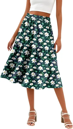 Summer Midi Skirts for Women Floral Beach Flowy Boho Skirt Tiered Pleated Swing A Line Elastic High Waisted Skirt