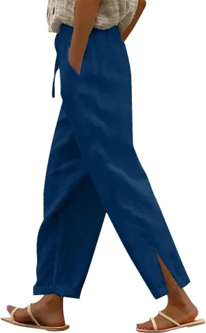Summer Pants for Women 2025 Casual Cotton Linen Pants Drawstring High Waist Beach Pants with Pockets Vacation Outfits