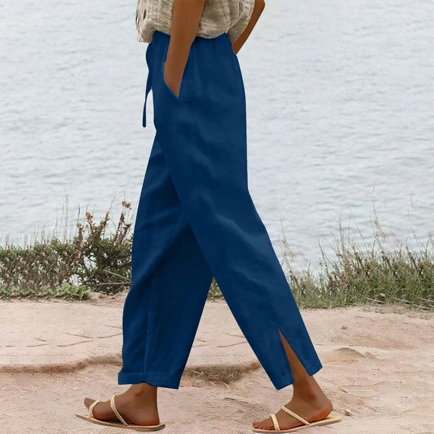 Summer Pants for Women 2025 Casual Cotton Linen Pants Drawstring High Waist Beach Pants with Pockets Vacation Outfits