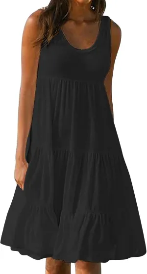 Sundresses for Women 2025 Vacation Summer Beach Dresses Casual Flowy Knee Length Tshirt Dress Sleeveless Ruffle Dress
