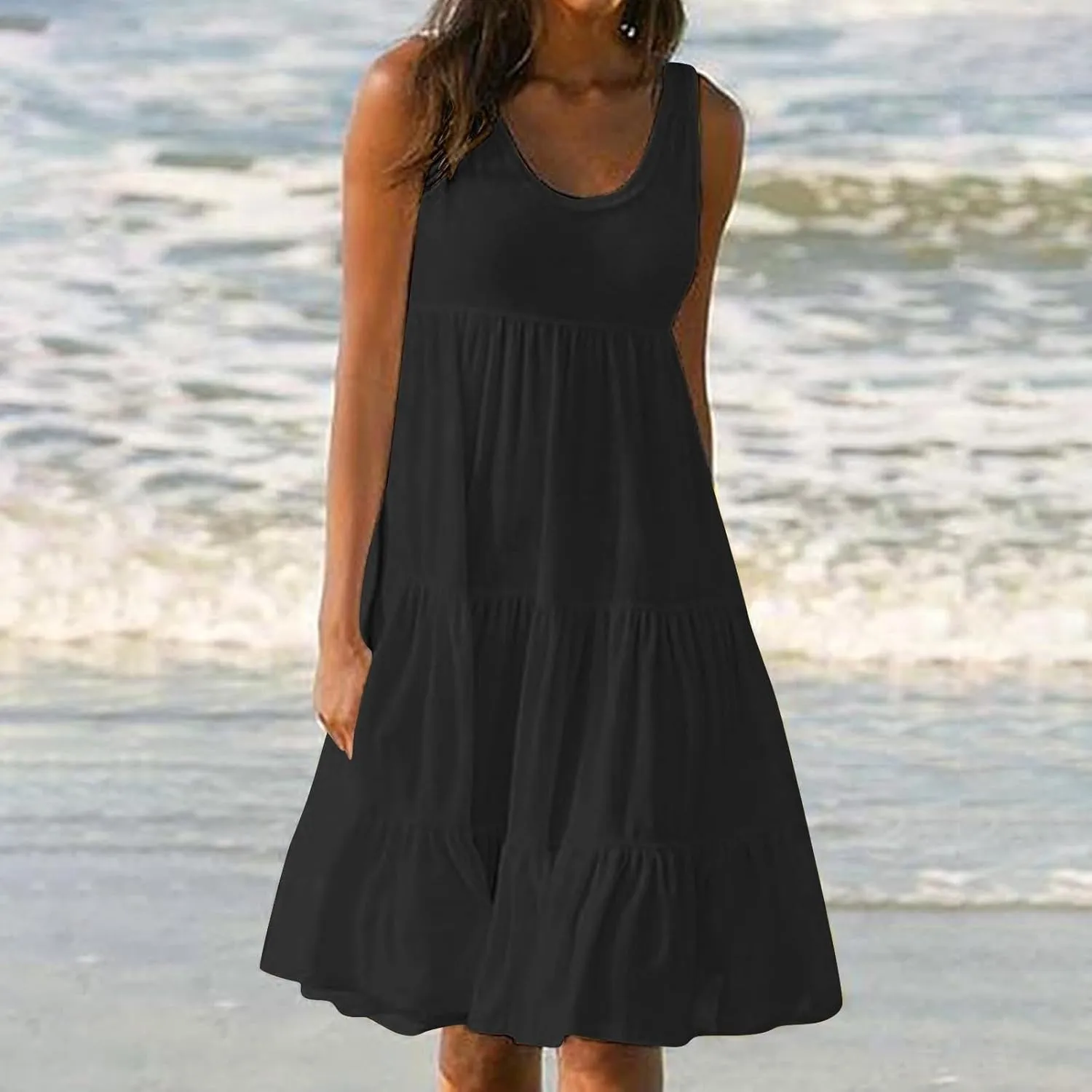 Sundresses for Women 2025 Vacation Summer Beach Dresses Casual Flowy Knee Length Tshirt Dress Sleeveless Ruffle Dress