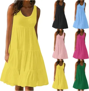 Sundresses for Women 2025 Vacation Summer Beach Dresses Casual Flowy Knee Length Tshirt Dress Sleeveless Ruffle Dress