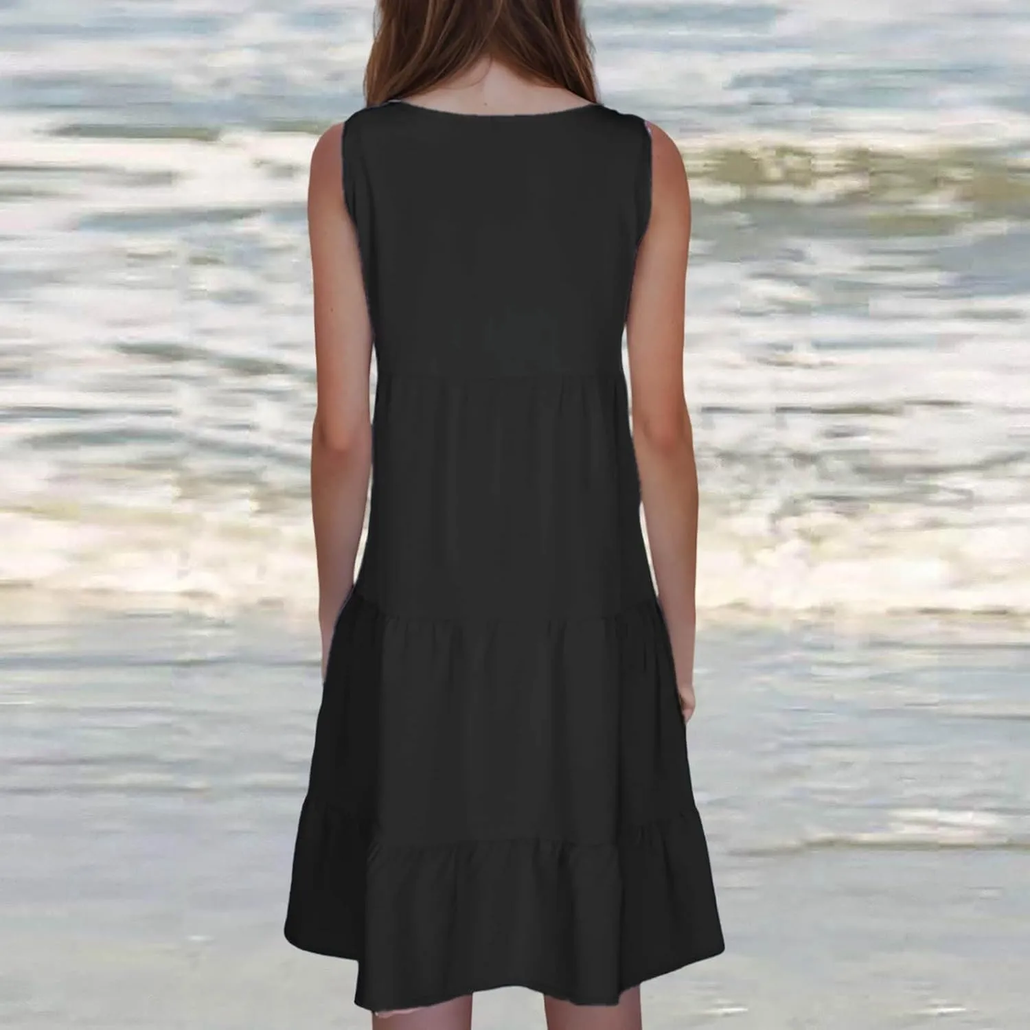 Sundresses for Women 2025 Vacation Summer Beach Dresses Casual Flowy Knee Length Tshirt Dress Sleeveless Ruffle Dress