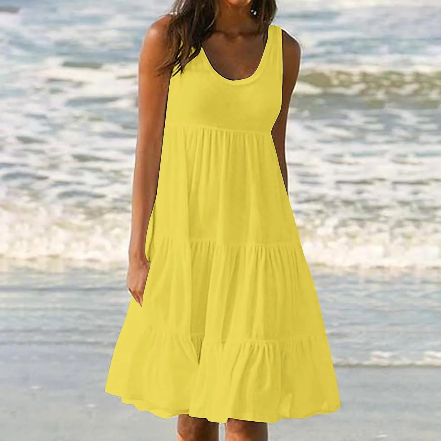 Sundresses for Women 2025 Vacation Summer Beach Dresses Casual Flowy Knee Length Tshirt Dress Sleeveless Ruffle Dress