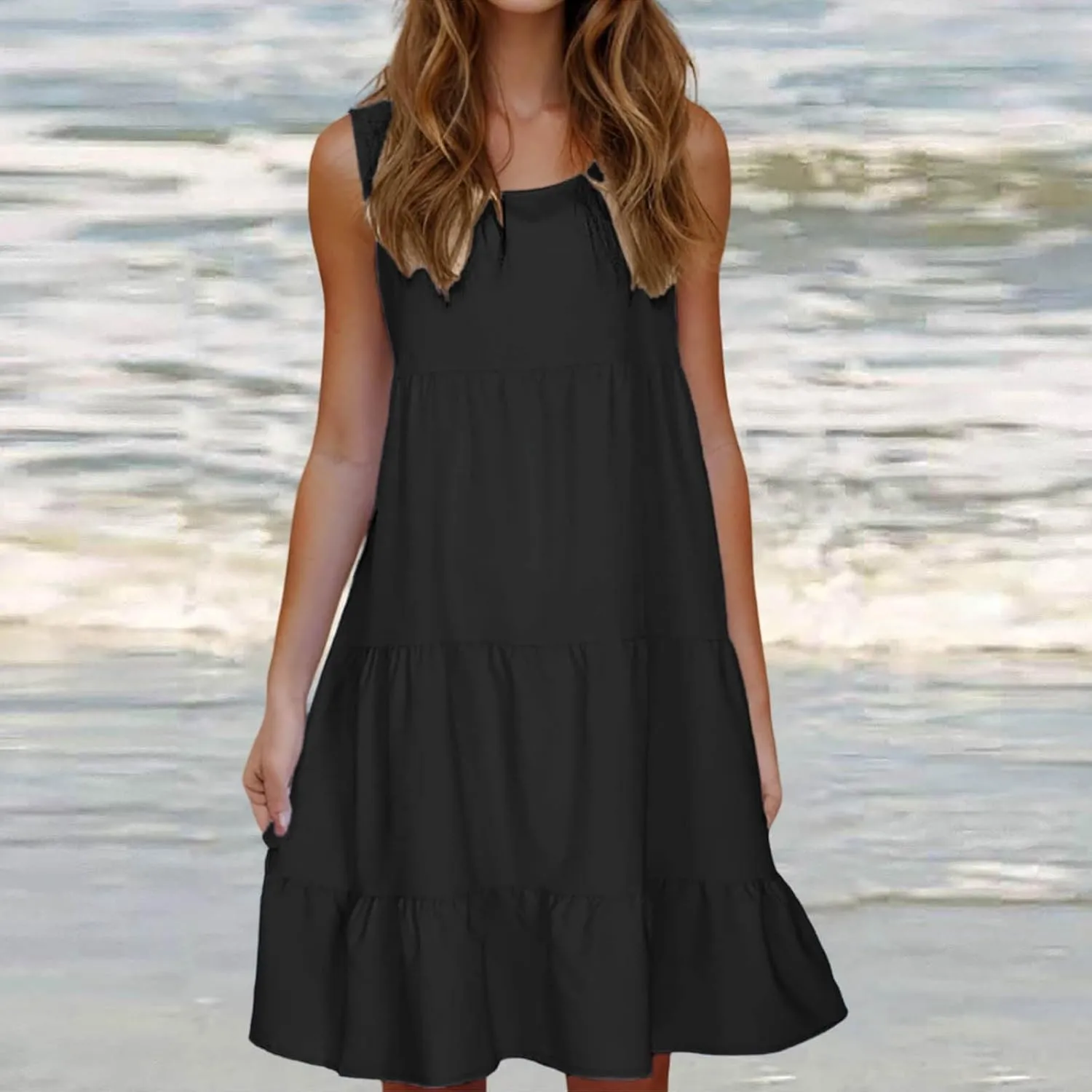 Sundresses for Women 2025 Vacation Summer Beach Dresses Casual Flowy Knee Length Tshirt Dress Sleeveless Ruffle Dress
