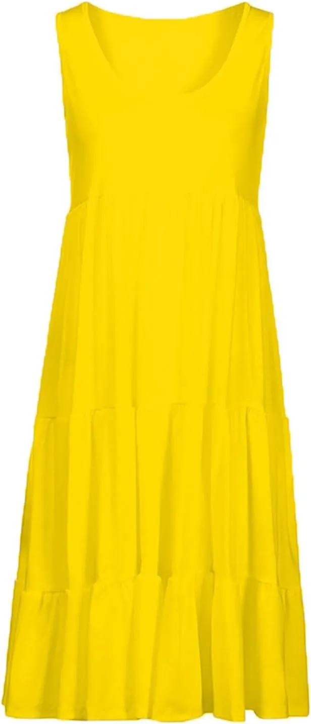 Sundresses for Women 2025 Vacation Summer Beach Dresses Casual Flowy Knee Length Tshirt Dress Sleeveless Ruffle Dress