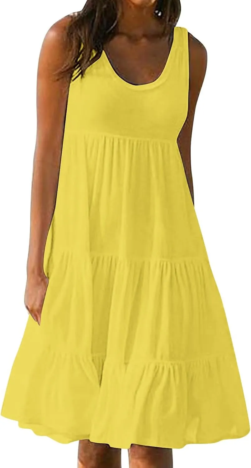 Sundresses for Women 2025 Vacation Summer Beach Dresses Casual Flowy Knee Length Tshirt Dress Sleeveless Ruffle Dress