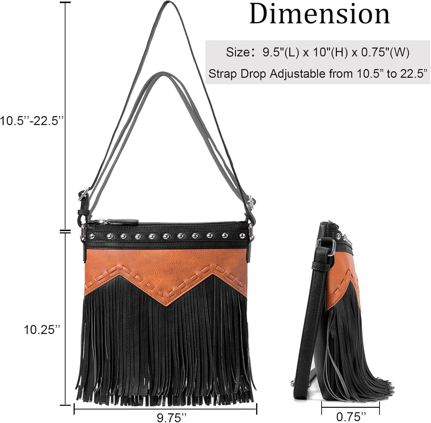 Sunwel Fashion Fringe Crossbody Bag with Rivets Western Purse Vegan Leather Tassel Shoulder Crossbody Bag for Women