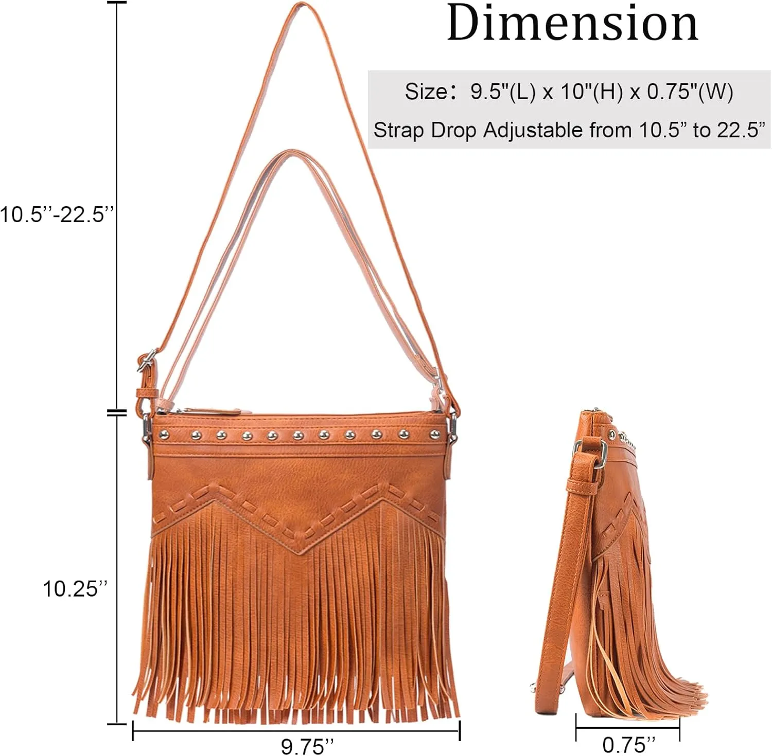 Sunwel Fashion Fringe Crossbody Bag with Rivets Western Purse Vegan Leather Tassel Shoulder Crossbody Bag for Women