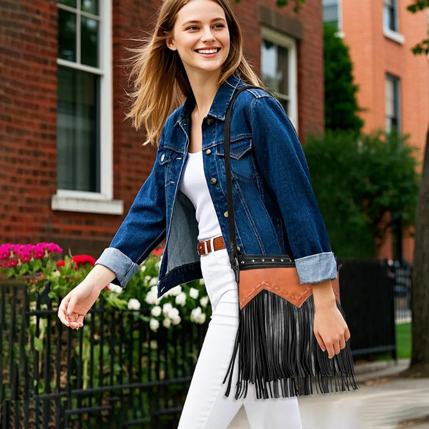 Sunwel Fashion Fringe Crossbody Bag with Rivets Western Purse Vegan Leather Tassel Shoulder Crossbody Bag for Women